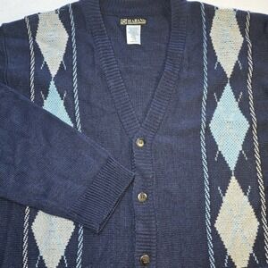 Vtg 90s Argyle Diamond Cardigan Sweater Knit Navy Blue Pockets Grandpa Retro XL